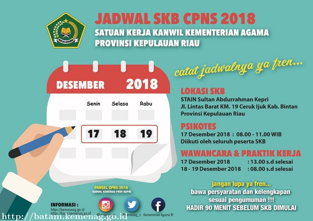 Jadwal SKB CPNS Tahun 2018 Satuan Kerja Kanwil Kemenag Kepri