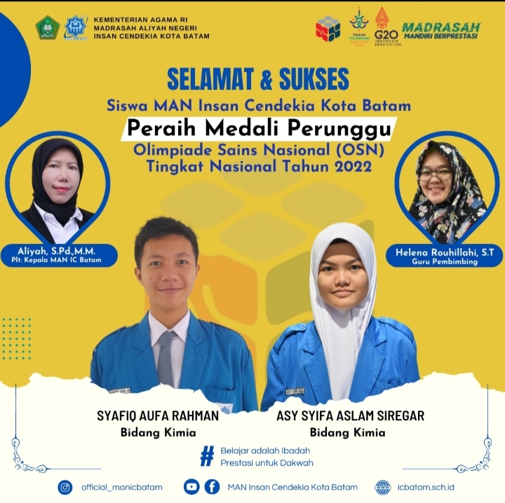 MAN IC Batam Raih Dua Medali Perunggu di Ajang OSN Tingkat Nasional 2022
