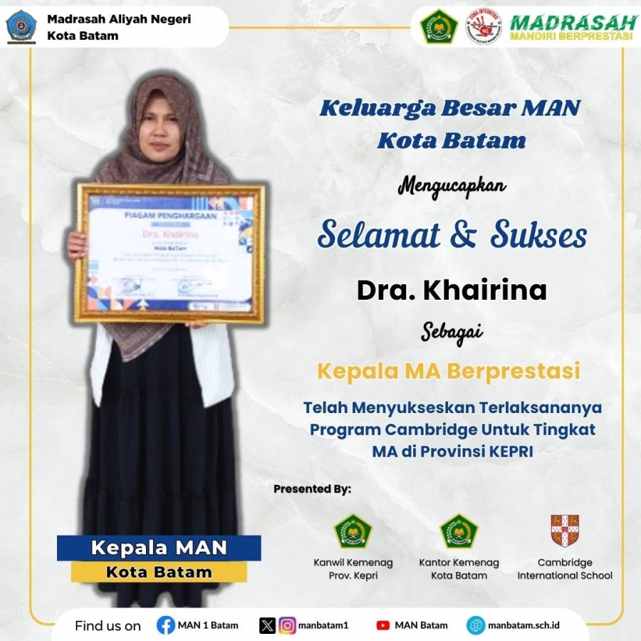 Kepala MAN Batam Sukses Raih Penghargaan Kepala MA Berprestasi Provinsi Kepulauan Riau