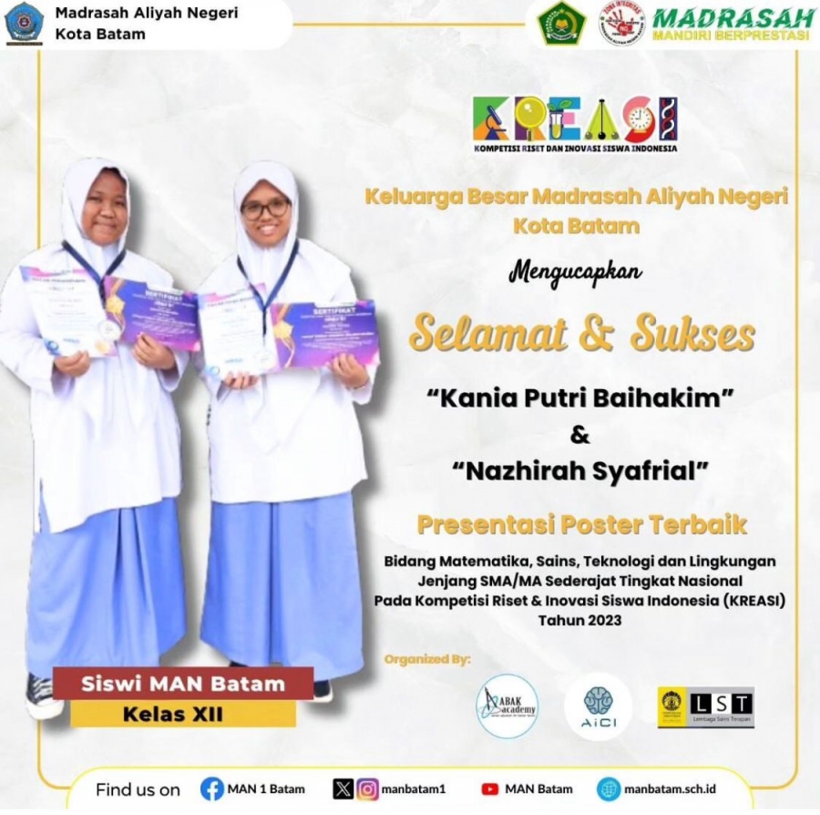 MAN Batam Raih Special Award Kategori Presentasi Poster Terbaik, Pada Kompetisi Riset & Inovasi Siswa Indonesia (KREASI) Tahun 2023