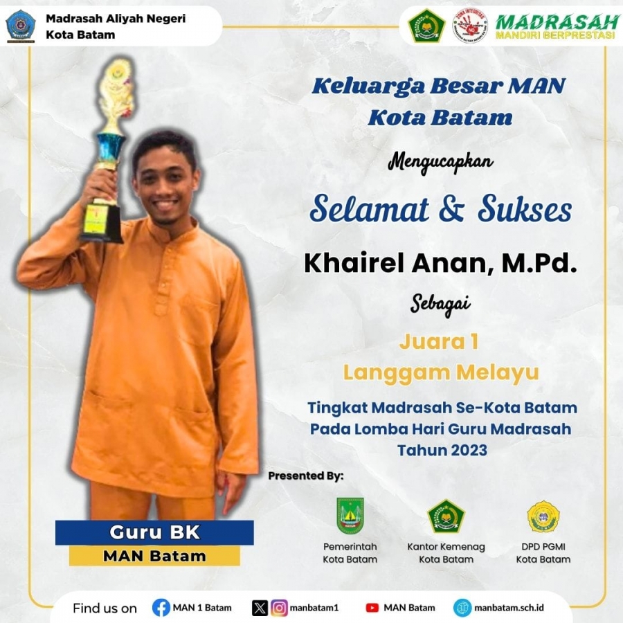 Guru MAN Batam Raih Prestasi Juara I Langgam Melayu Tingkat Madrasah Se-Kota Batam