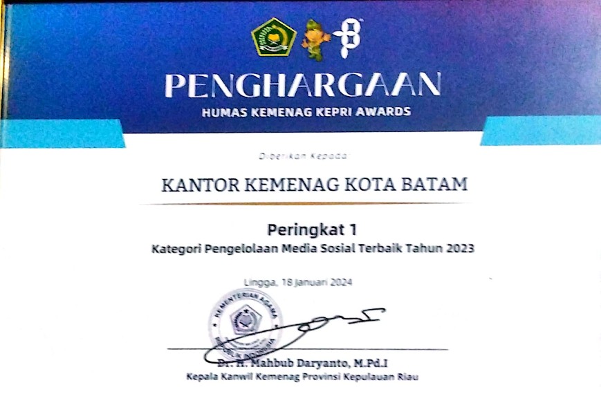 Kankemenag Kota Batam Terbaik Pertama Pengelolaan Medsos Tahun 2023