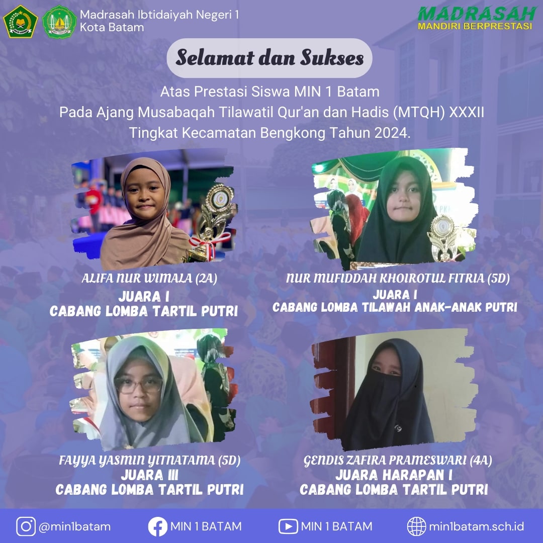 4 Siswa MIN 1 Batam Meraih Juara MTQH XXXII Kecamatan Bengkong Tahun 2024