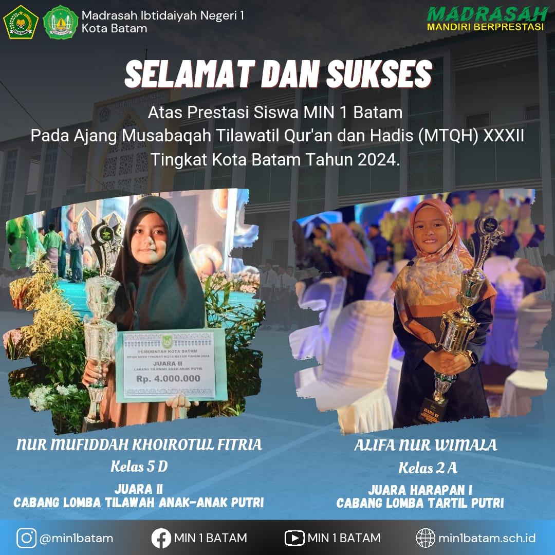 Membanggakan, Siswa MIN 1 Batam mendapatkan 2 Piala dalam Ajang MTQH XXXII Tingkat Kota Batam