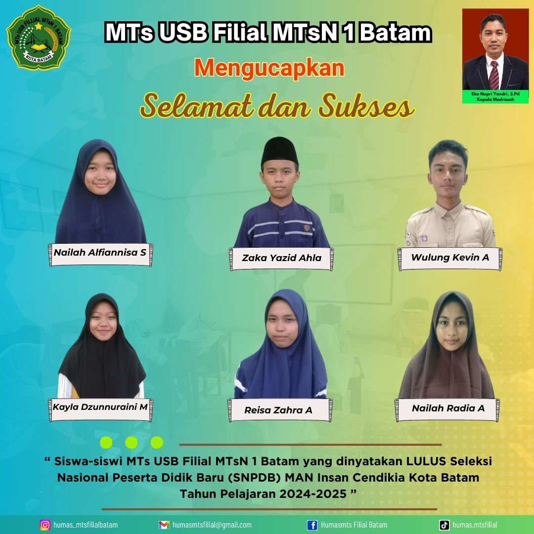 Enam Siswa MTs USB Filial MTsN 1 Batam Dinyatakan Lulus SNPDB MAN Insan Cendekia Kota Batam Tahun Pelajaran 2024/2025 