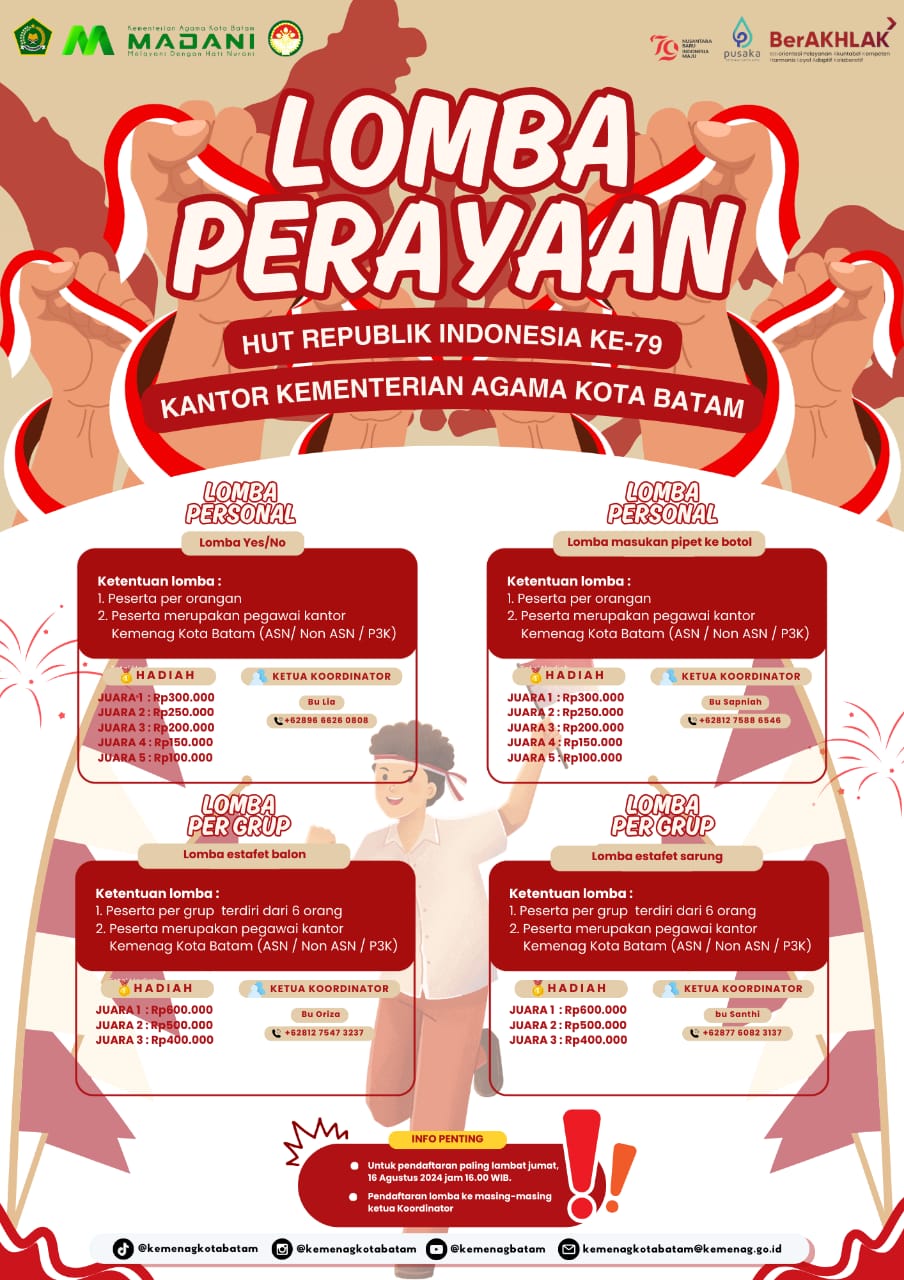 Meriahkan HUT RI ke 79, Kemenag Kota Batam Gelar Lomba Personal dan Group