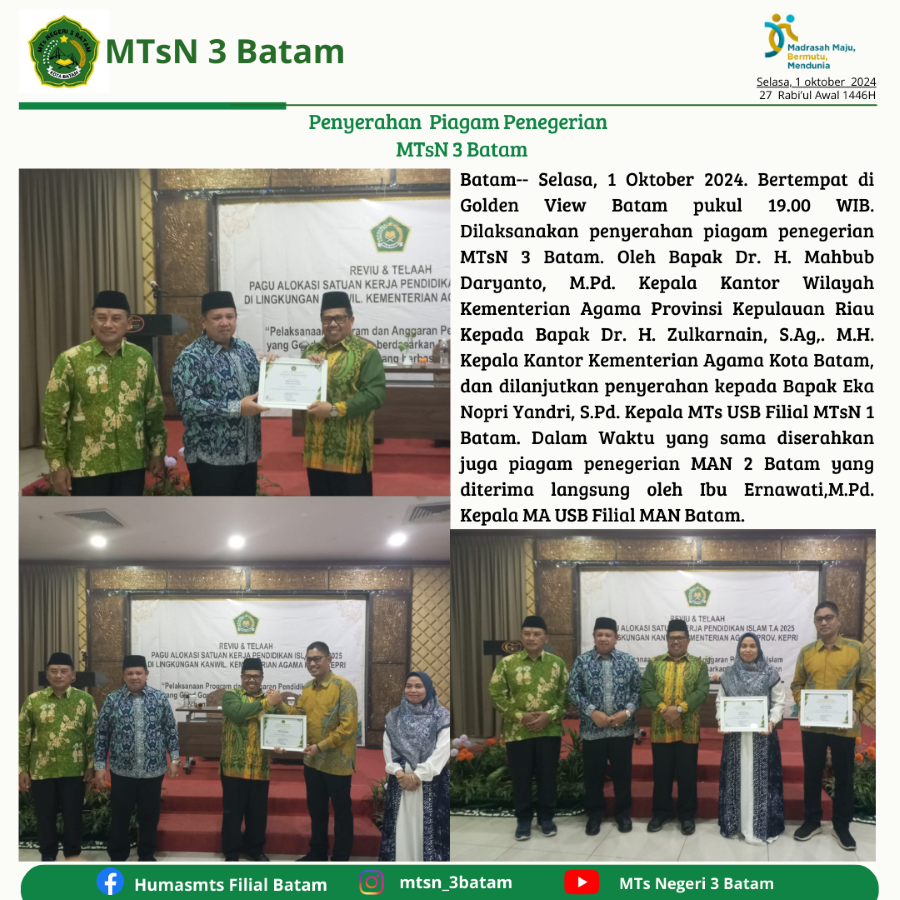 Dr. H. Mahbub Daryanto, M.Pd. Serahkan Piagam Penegerian MTsN 3 Batam