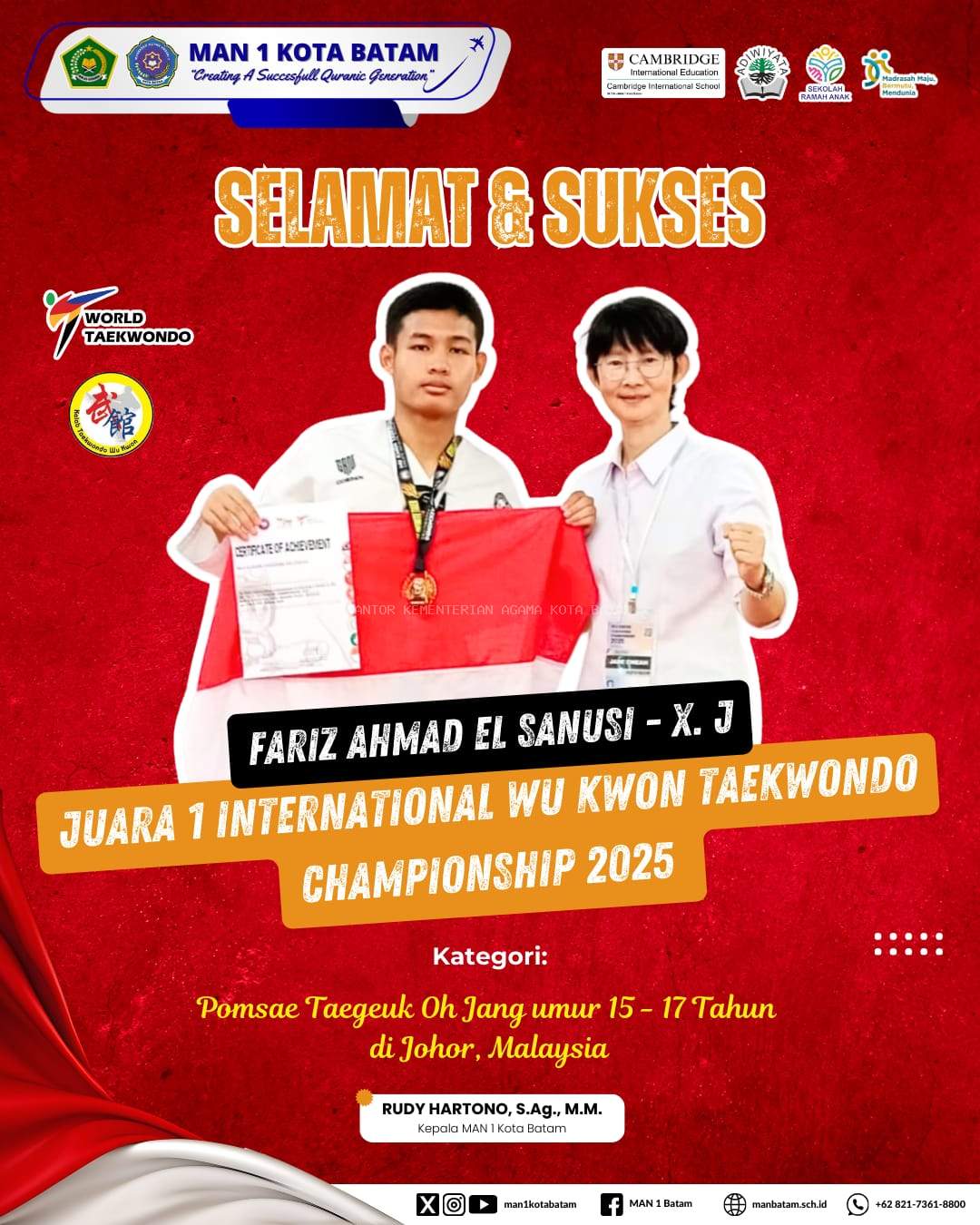 Luar Biasa! Siswa MAN 1 Kota Batam, Fariz Ahmad El Sanusi, Sukses Raih Juara 1 di Kejuaraan Internasional Taekwondo di Malaysia