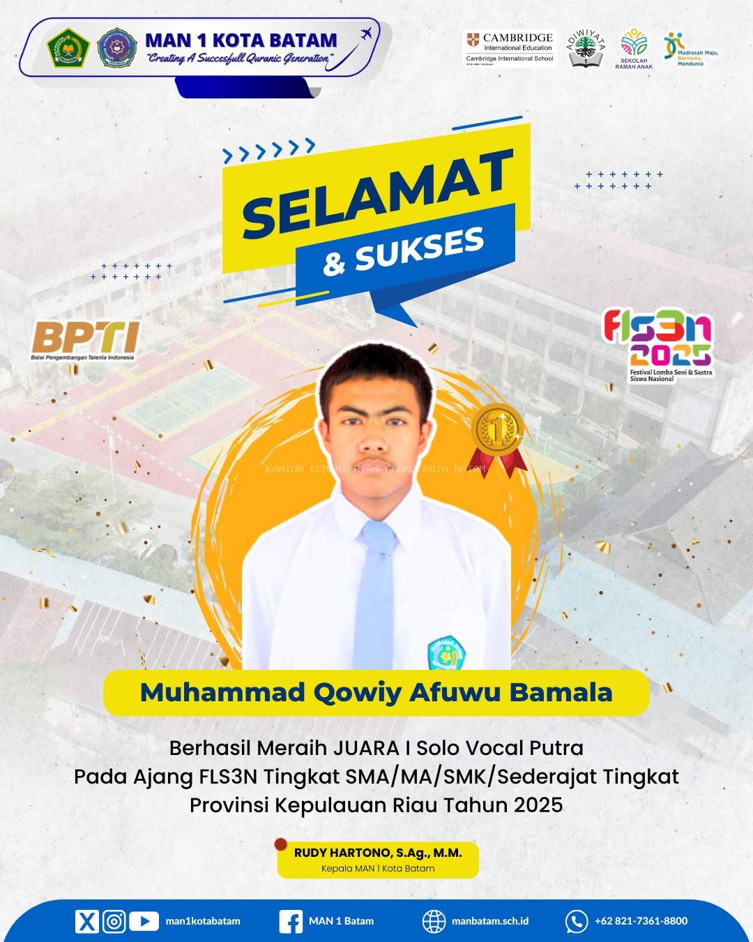 Membanggakan! Siswa MAN 1 Kota Batam Raih Juara 1 Solo Vocal Putra di Ajang FLS3N Tingkat Provinsi