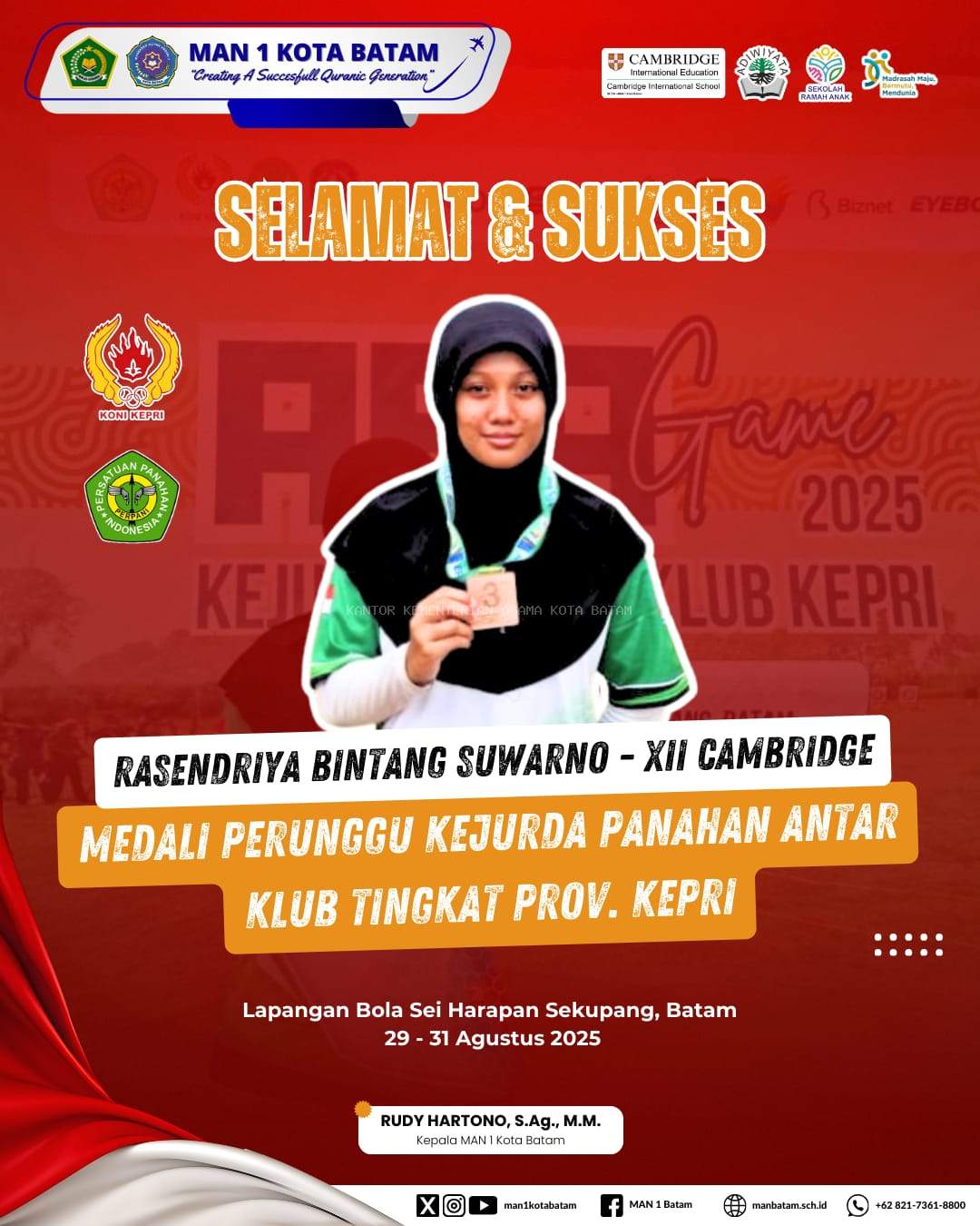 Srikandi MAN 1 Kota Batam, Rasendriya Bintang Suwarno, Raih Medali Perunggu di Kejurda Panahan Tingkat Provinsi Kepri 2025