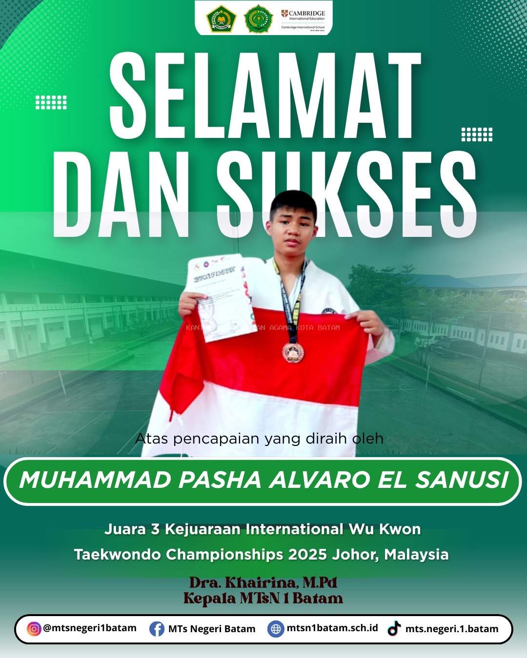 Peserta Didik MTsN 1 Batam Raih Medali Perunggu di Kejuaraan Internasional Taekwondo di Malaysia