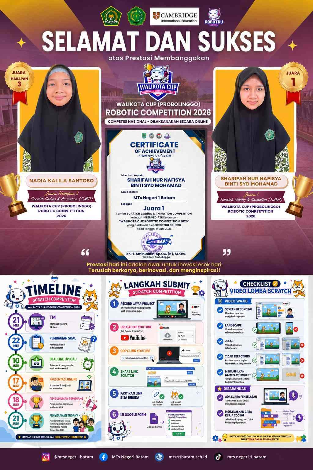 Bawa Nama Tim Robotik MTsN 1 Batam, Sharifah Raih Juara 1 Lomba Coding Nasional Walikota Cup 2026