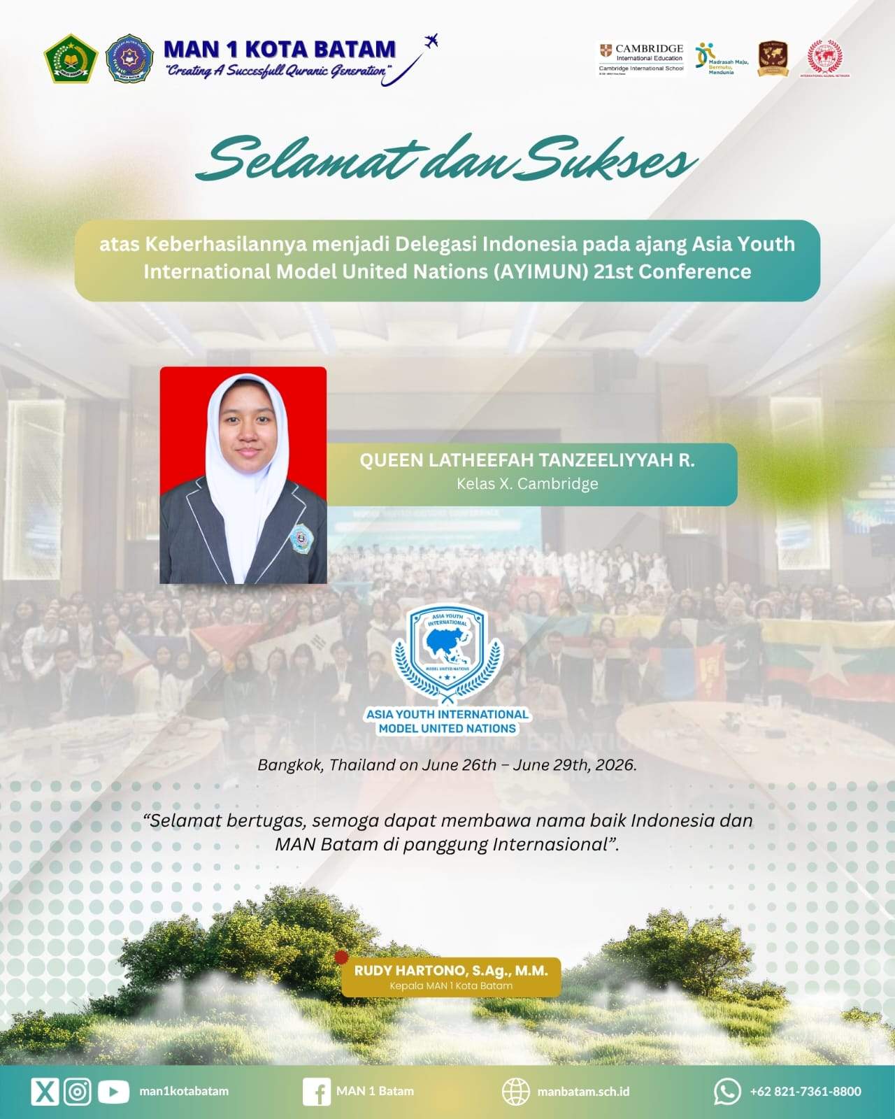 Hebat! Siswi MAN 1 Kota Batam Terpilih Jadi Delegasi Indonesia di Ajang Internasional AYIMUN 2026 di Bangkok