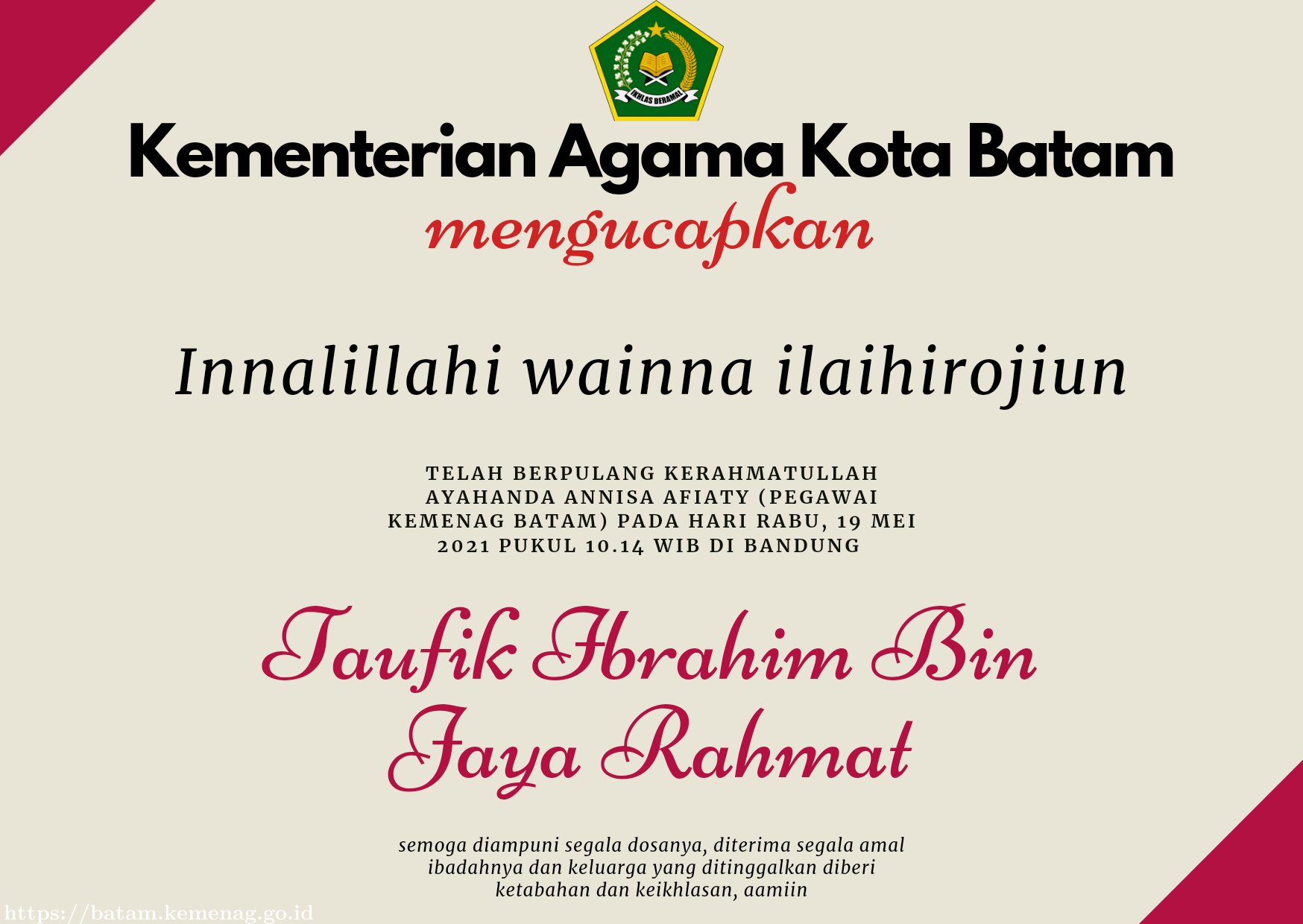 Kemenag Batam Sampaikan Belasungkawa, Semoga Husnul Khatimah