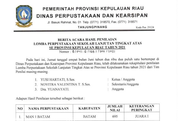 MAN Batam Raih Juara 1 Perpustakaan Terbaik se-Kepulauan Riau
